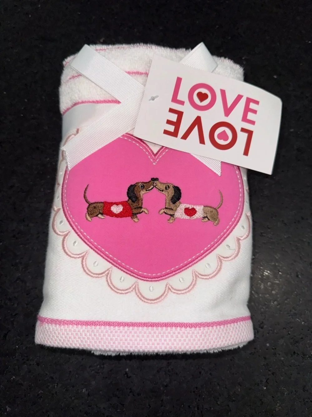 NEW 2 16x26” Pink Heart Dachshund Embroidered Hand Towels SO SOFT & SO CUTE